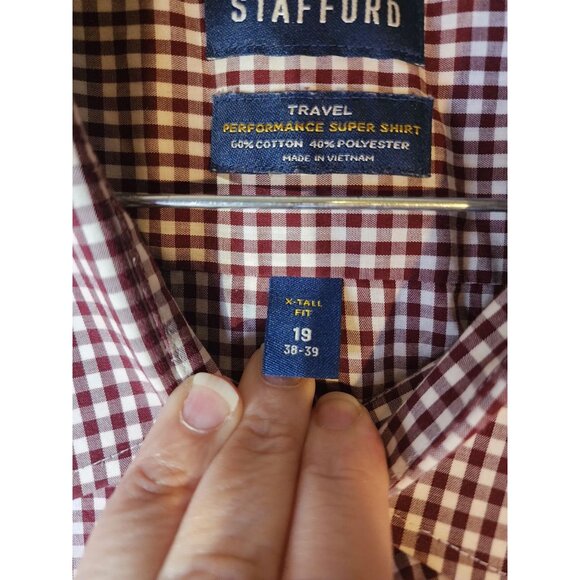 STAFFORD TRAVEL PERFORMANCE CHECK LONG SLEEVE X TALL 19 38/39 BURGUNDY White - Picture 3 of 8